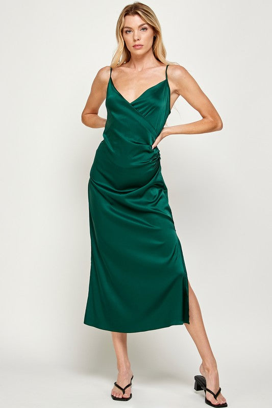 Ruched Wrap Satin Dress