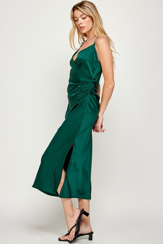 Ruched Wrap Satin Dress